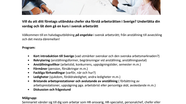 Unikt tillfälle! Utbildning i svensk arbetsrätt på engelska  - Crash course in Swedish employment law