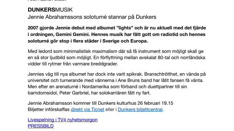 DUNKERSMUSIK Jennie Abrahamssons soloturné stannar på Dunkers