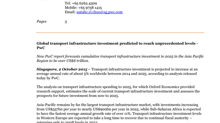 Global transport infrastructure investment predicted to reach unprecedented levels - PwC