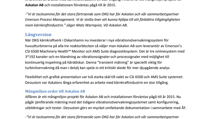OKG kärnkraftverk investerar i CSI 6500 turbinövervakning från Askalon AB
