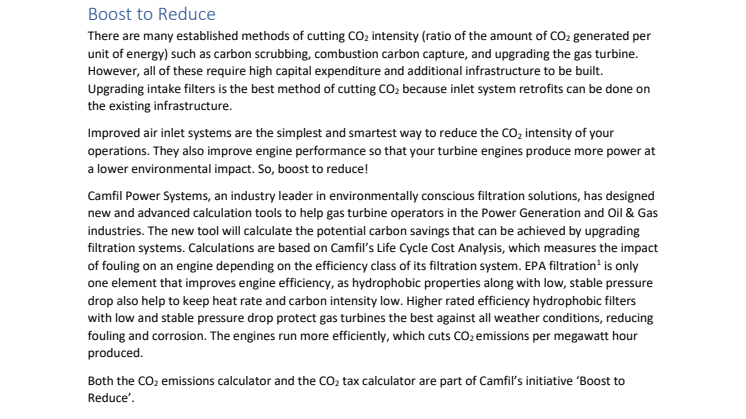 Camfil introduces the easiest and most cost-efficient way to reduce gas turbine CO₂ emissions