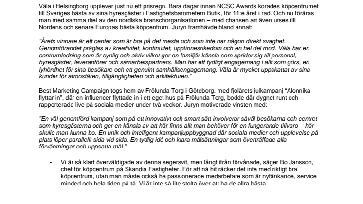 Storslam för Skandia Fastigheters köpcentrum på NCSC Awards