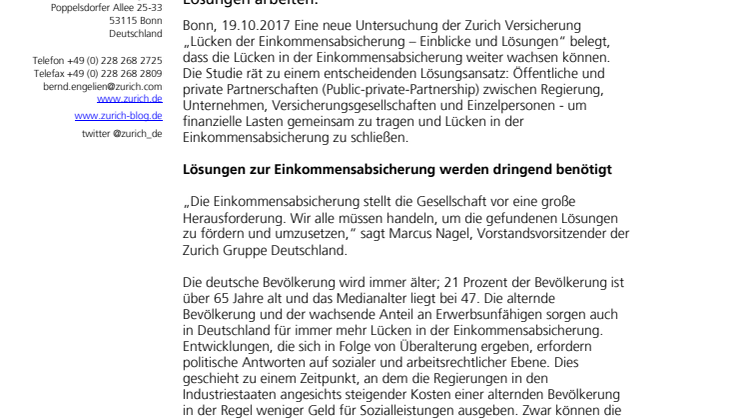 Einkommensabsicherung: Zurich Versicherung plädiert für Public-private-Partnership
