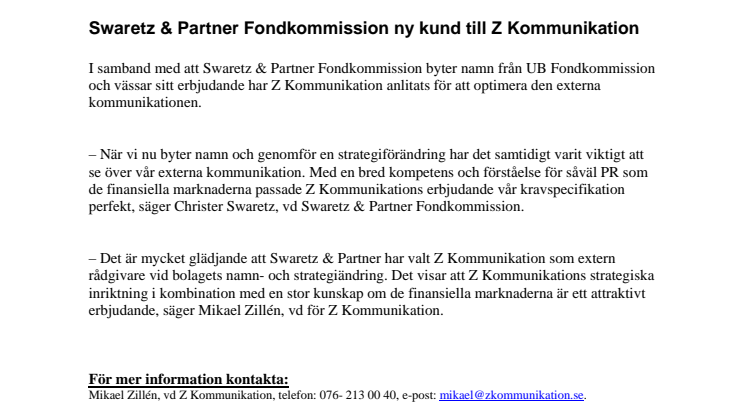 Swaretz & Partner Fondkommission ny kund till Z Kommunikation