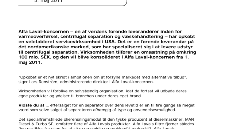 Alfa Laval opkøber førende leverandør af centrifugeservice i Nordamerika