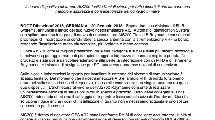 Raymarine - boot Düsseldorf: Raymarine presenta il nuovo ricetrasmettitore AIS con splitter antenna integrato