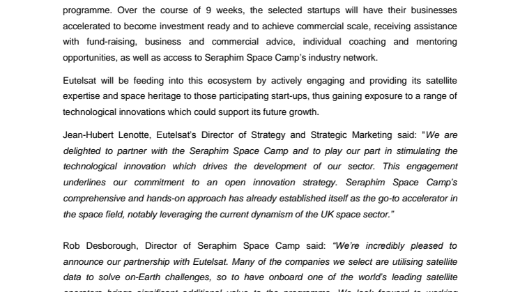 ​​Eutelsat partners with Seraphim Space Camp, the UK’s first accelerator for space technology startups