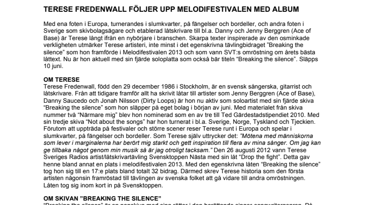 TERESE FREDENWALL FÖLJER UPP MELODIFESTIVALEN MED ALBUM