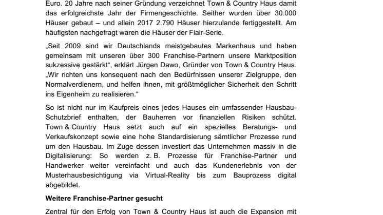 Franchise-Unternehmen Town & Country Haus erneut mit Rekordergebnis