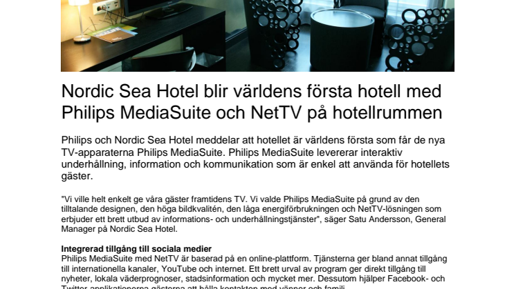 Nordic Sea Hotel blir världens första hotell med Philips MediaSuite och NetTV på hotellrummen