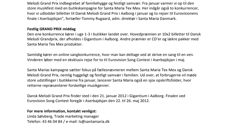 Santa Maria er sponsor ved Dansk Melodi Grand Prix 2012