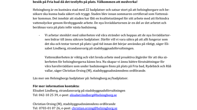 Pressinbjudan: ​Livräddartorn på besök på Fria bad imorgon
