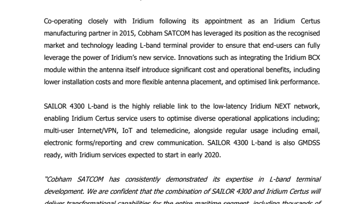 Cobham SATCOM: Cobham ships first certified SAILOR Iridium Certus(SM) terminals