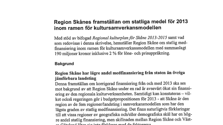 Förhandlingsframställan till Statens kulturråd om statliga medel för 2013