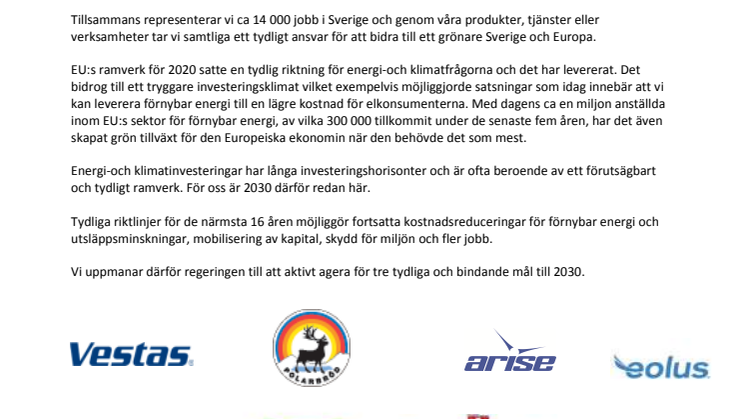 Polarbröd uppmanar tillsammans med 12 andra företag till bindande energi- och klimatmål till 2030