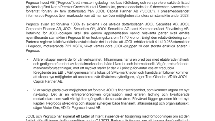 JOOL-gruppen ingår avsiktsförklaring med ambitionen att bli storägare i Pegroco Invest AB .pdf