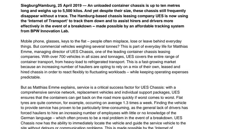 UES Chassis GmbH: greater service and efficiency for container chassis hirers with IoT and CargoTracer 