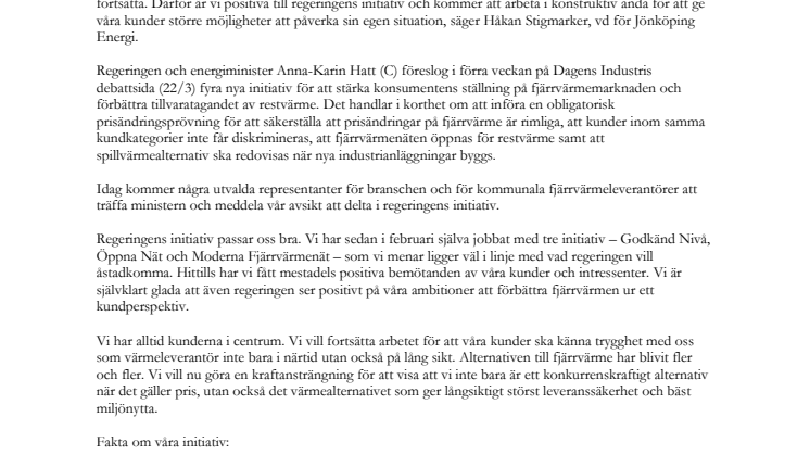 Jönköping Energi stödjer regeringens fjärrvärmeinitiativ