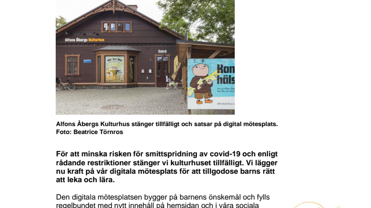 Alfons Åbergs Kulturhus stänger tillfälligt från torsdag 19 november 2020