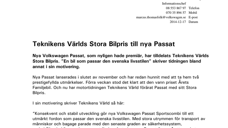 Teknikens Världs Stora Bilpris till nya Passat