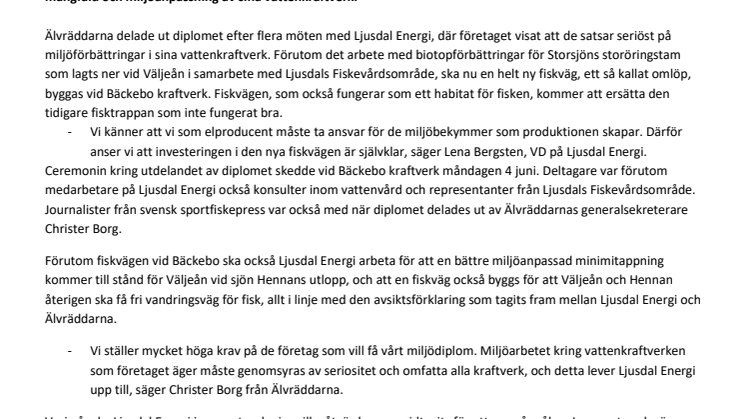 Ljusdal Energi får miljödiplom av Älvräddarna