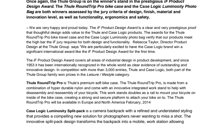 Thule and Case Logic awarded with two prizes by the prestigious iF Product Design Award