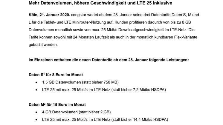 congstar Datentarife für Tablet- und LTE Minirouter-Nutzung werden aufgewertet 