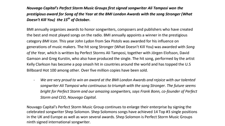  Nouvago Capital's Perfect Storm Music Group wins Song of the Year at the BMI London Awards