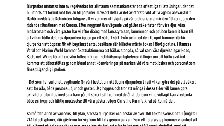 Kolmården förbereder för omsorgsfull öppning av djurparken