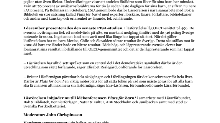 PLATS FÖR BARN!  – idékonferens om barns och ungas språk och läsning den 14 mars i Stockholm