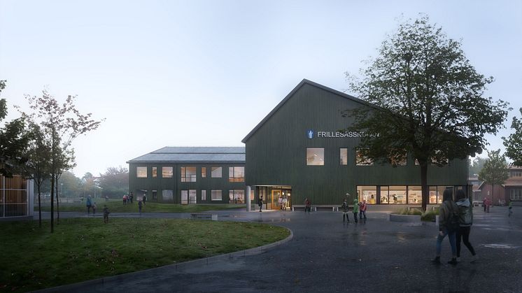 Frillesåsskolan utanför Kungsbacka blir en ny attraktiv skola för 840 elever, efterlängtad efter 20 år i paviljonger. Skolan är i två våningar med ett trevligt neutralt intryck. Illustration: ABAKO Arkitektkontor
