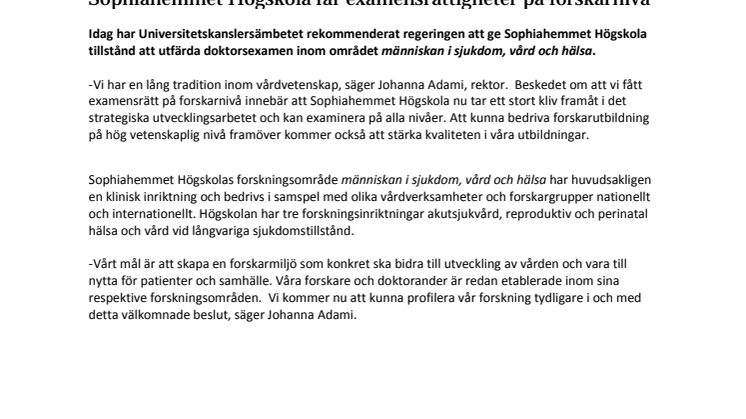 Sophiahemmet Högskola får examensrättigheter på forskarnivå