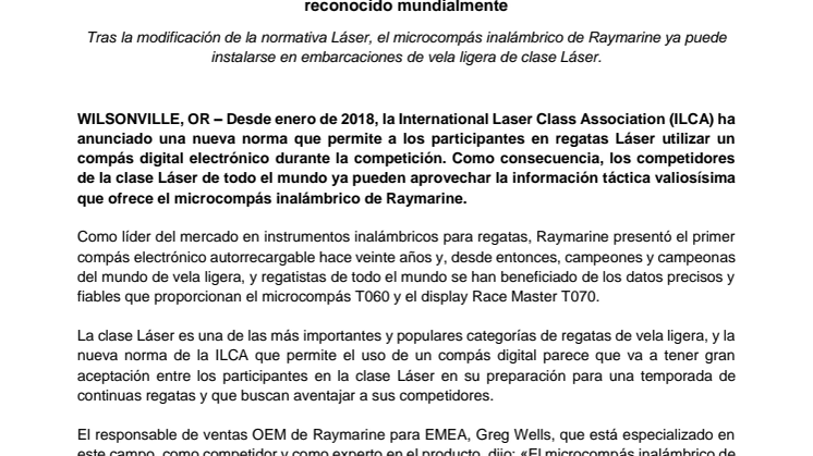 Raymarine: Los regatistas de la clase Láser se beneficiarán del microcompás de Raymarine reconocido mundialmente