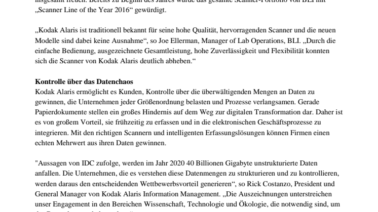 Kodak Alaris erhält zwei weitere Auszeichnungen von Buyers Lab 