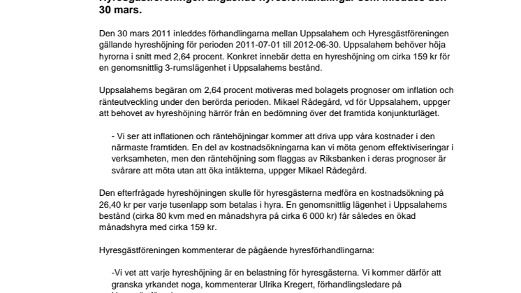 Uppsalahem yrkar om en hyreshöjning om 2,64 procent