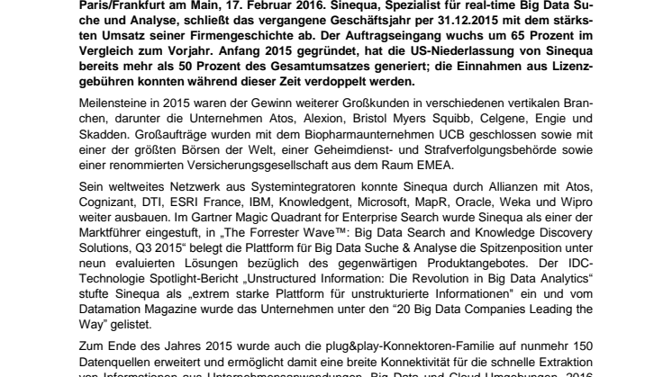 Spezialist für real-time Big Data Suche und Analyse Sinequa schließt Geschäftsjahr 2015 mit Rekordergebnis ab