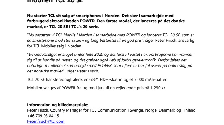 TCL indleder samarbejde med forbrugerelektronikkæden POWER og lancerer mobilen TCL 20 SE  