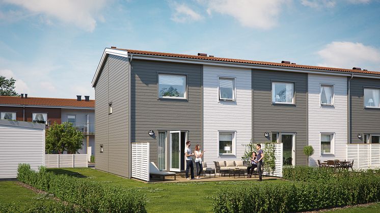 Illustration av trädgårdssida med altan & egen gräsmatta, samt eget förråd, BoKlok Nejilkan i Skarplöt, Haninge. 