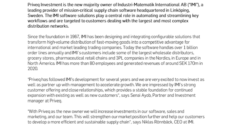 Priveq invests in IMI - a leading niche provider of supply chain software