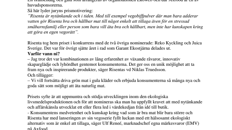 Garants ekopris till Risenta