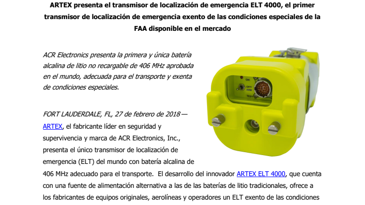 ARTEX presenta el transmisor de localización de emergencia ELT 4000