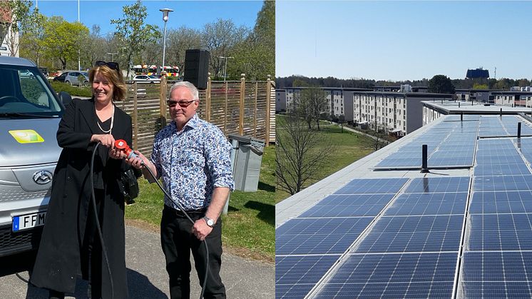 Johanna Frelin, vd Riksbyggen och Håkan Johansson, ordförande i Brf Opalen kopplar symboliskt ihop anläggningen.