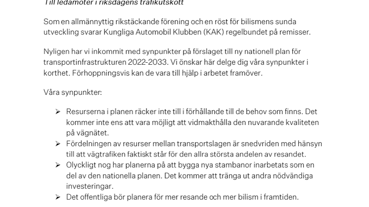 KAK:s skrivelse om nationell plan