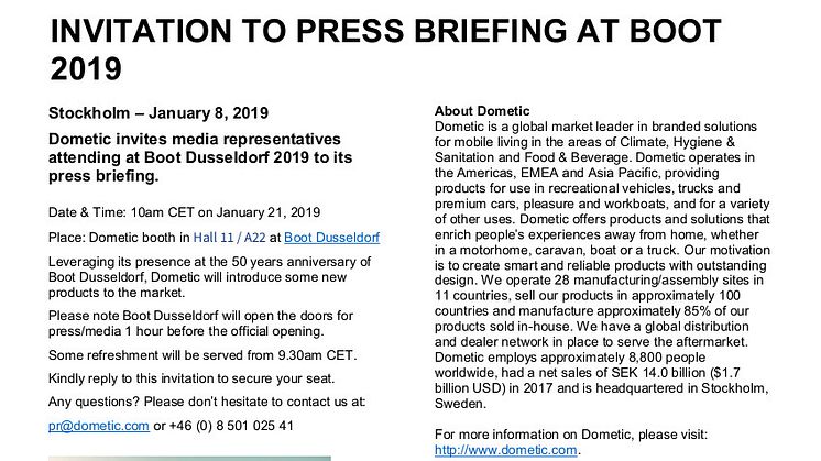 Dometic: Invitation to Dometic Press Briefing at boot Düsseldorf 2019 (Hall 11, Stand A22)