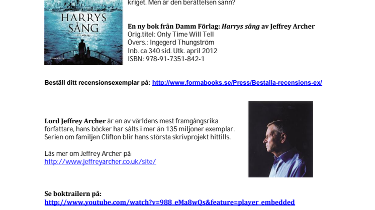 Ny bok: Harrys sång av Jeffrey Archer