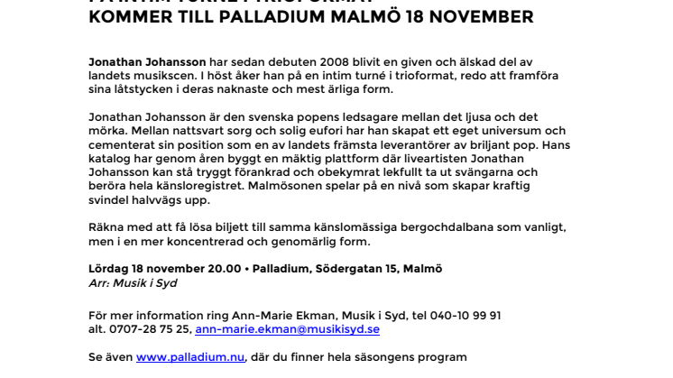 Jonathan Johansson på intim turné i trioformat – kommer till Palladium Malmö 18 november