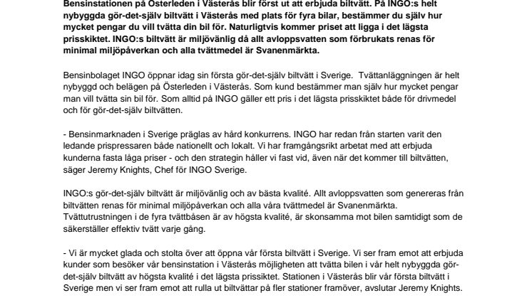 INGO lanserar sin första gör-det-själv biltvätt i Sverige  