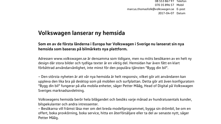 Volkswagen lanserar ny hemsida