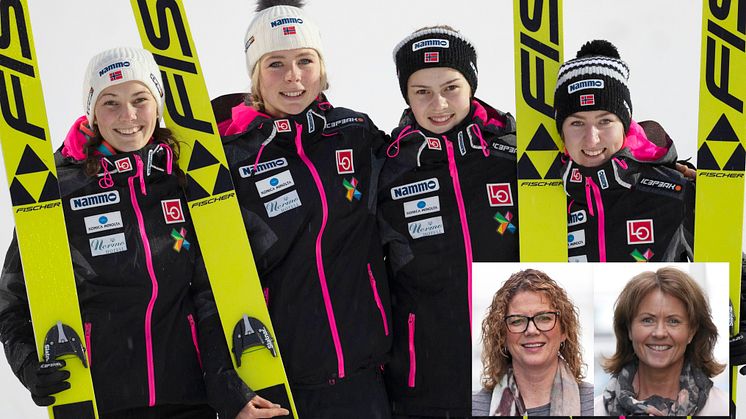 Hoppkvinnene  er nærmere full likestilling i hoppbakken enn noen gang, men i mål er de ikke.  Åsne Havnelid og Tonje Sagstuen (innfelt) i Norsk Tipping lover å være en pådriver i kampen for like muligheter i idretten. Foto: Geir Olsen / NTB scanpix