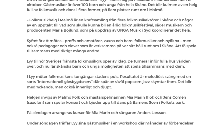  Över 100 barn och unga spelar modern folkmusik med Lyy på Palladium Malmö – under Folkmusikhelg i Malmö 20–21 oktober